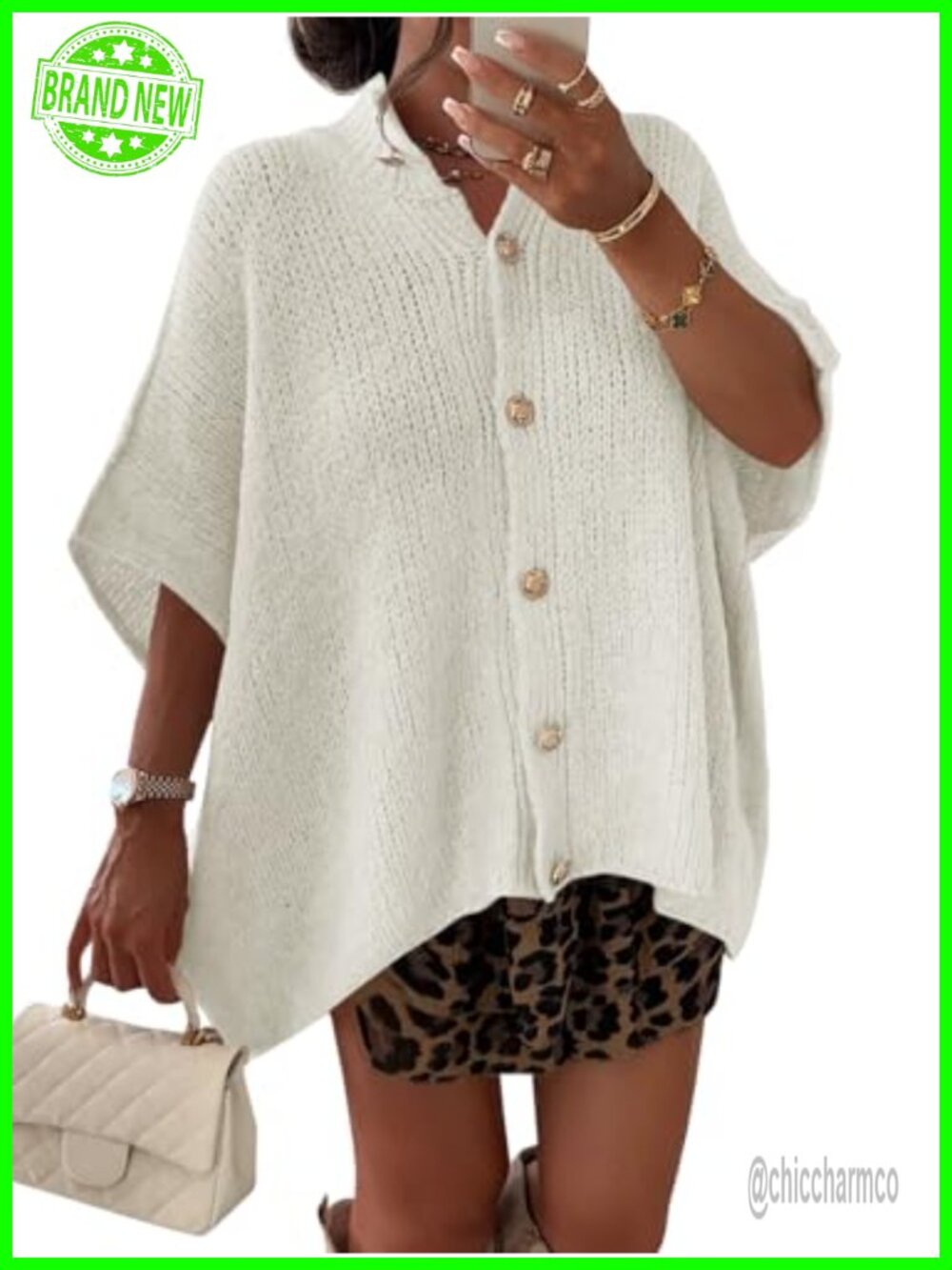Womens Short Sleeve Button Down Knit Cardigan Lightweight Loose Fit Sweater
